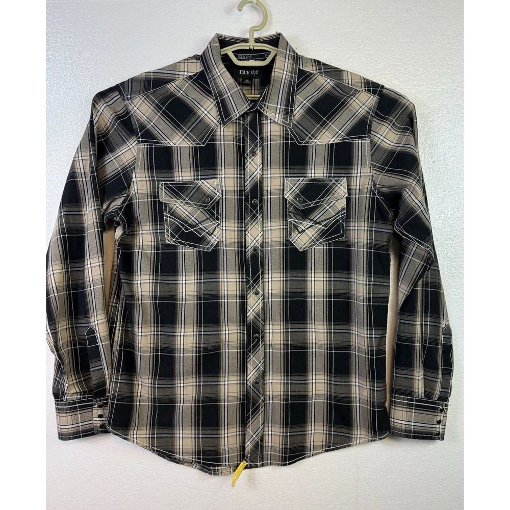 Ely Plains Shirt Mens XL Black Beige Plaid Pearl Snap Long Sleeve Western Cowboy